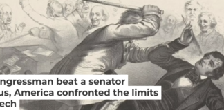 In John Magee’s print, Preston Brooks wields a cane against Charles Sumner, who is clutching a pen and a rolled-up speech. John L. Magee, The New York Public Library